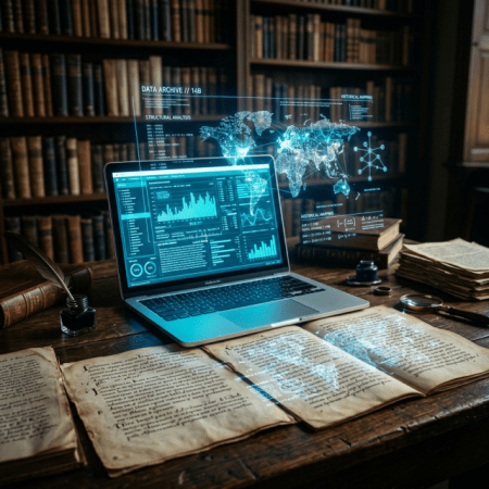 Laptop displaying data charts and a glowing world map hologram overlaid on old books and documents