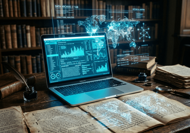 Laptop displaying data charts and a glowing world map hologram overlaid on old books and documents